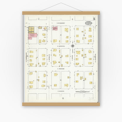 Old map wall art mockup — magnetic wood frame on white wall — Sanborn Fire Insurance Map from Vernon, Wilbarger County, Texas (1920), Sheet #0005