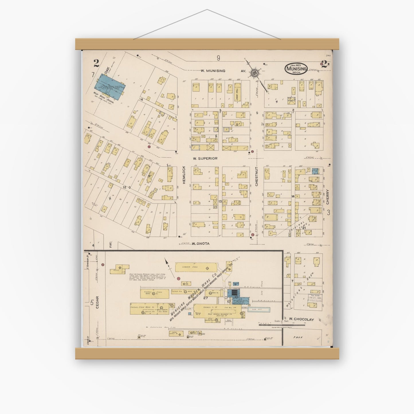 Old map wall art mockup — magnetic wood frame on white wall — Sanborn Fire Insurance Map from Munising, Alger County, Michigan (1923), Sheet #0002