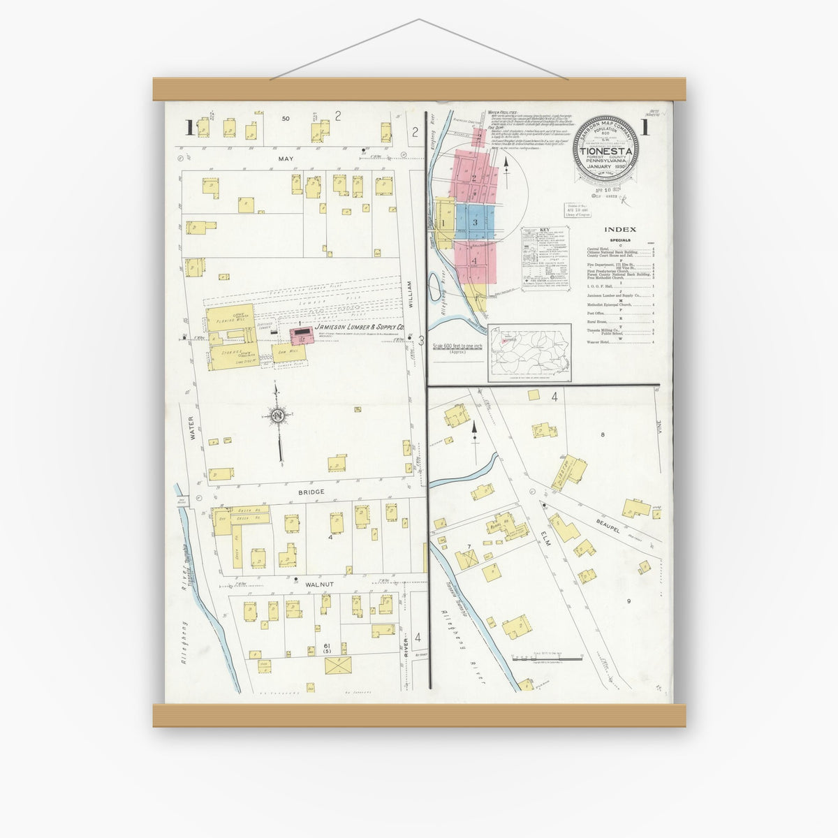 Old map wall art mockup — magnetic wood frame on white wall — Sanborn Fire Insurance Map from Tionesta, Forest County, Pennsylvania (1930), Sheet #0001