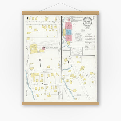 Old map wall art mockup — magnetic wood frame on white wall — Sanborn Fire Insurance Map from Tionesta, Forest County, Pennsylvania (1930), Sheet #0001