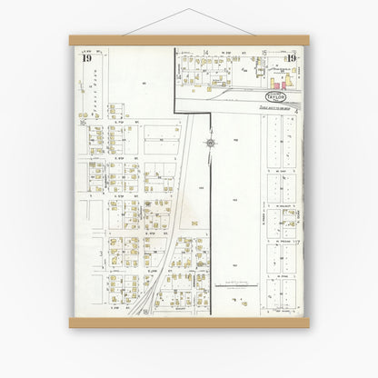 Old map wall art mockup — magnetic wood frame on white wall — Sanborn Fire Insurance Map from Taylor, Williamson County, Texas (1923), Sheet #0019