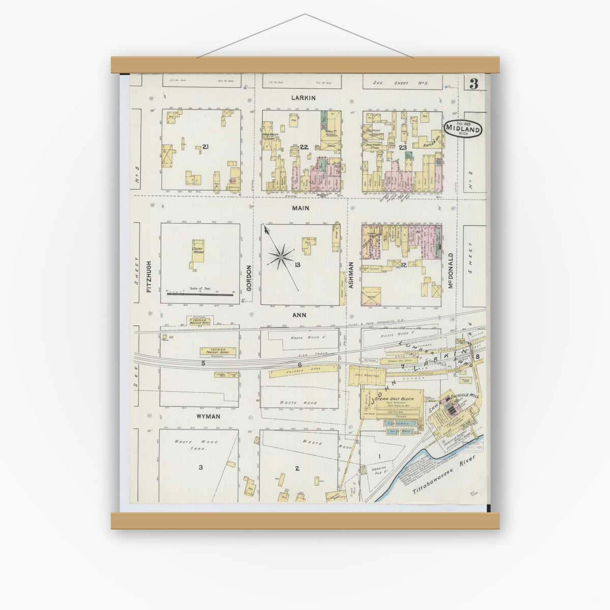 Old map wall art mockup — magnetic wood frame on white wall — Sanborn Fire Insurance Map from Midland, Midland County, Michigan (1889), Sheet #0003