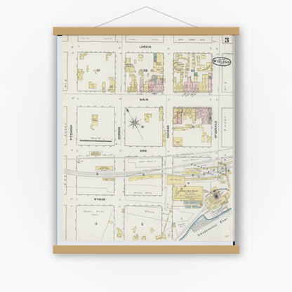 Old map wall art mockup — magnetic wood frame on white wall — Sanborn Fire Insurance Map from Midland, Midland County, Michigan (1889), Sheet #0003