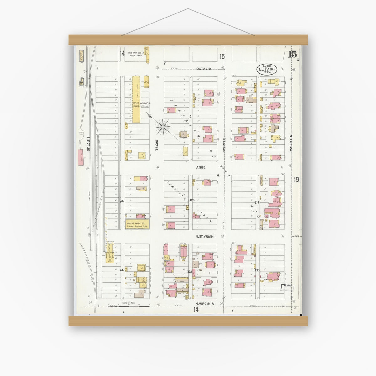 Old map wall art mockup — magnetic wood frame on white wall — Sanborn Fire Insurance Map from El Paso, El Paso County, Texas (1900), Sheet #0015
