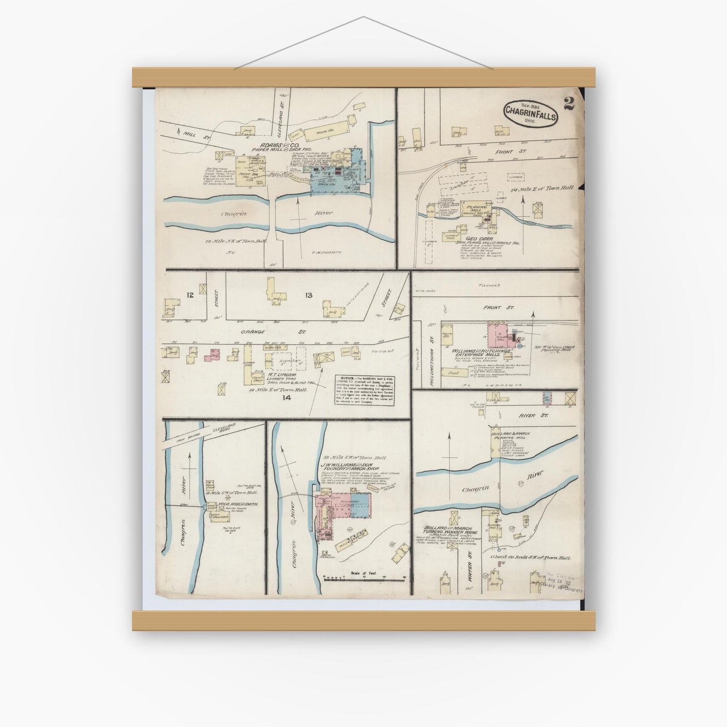 Old map wall art mockup — magnetic wood frame on white wall — Sanborn Fire Insurance Map from Chagrin Falls, Cuyahoga County, Ohio (1884), Sheet #0002