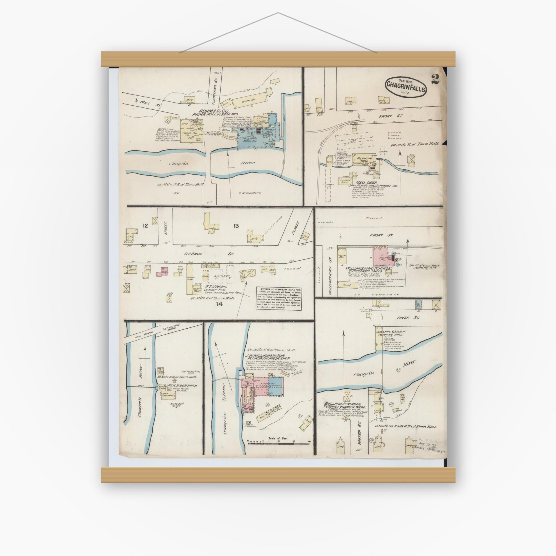 Old map wall art mockup — magnetic wood frame on white wall — Sanborn Fire Insurance Map from Chagrin Falls, Cuyahoga County, Ohio (1884), Sheet #0002