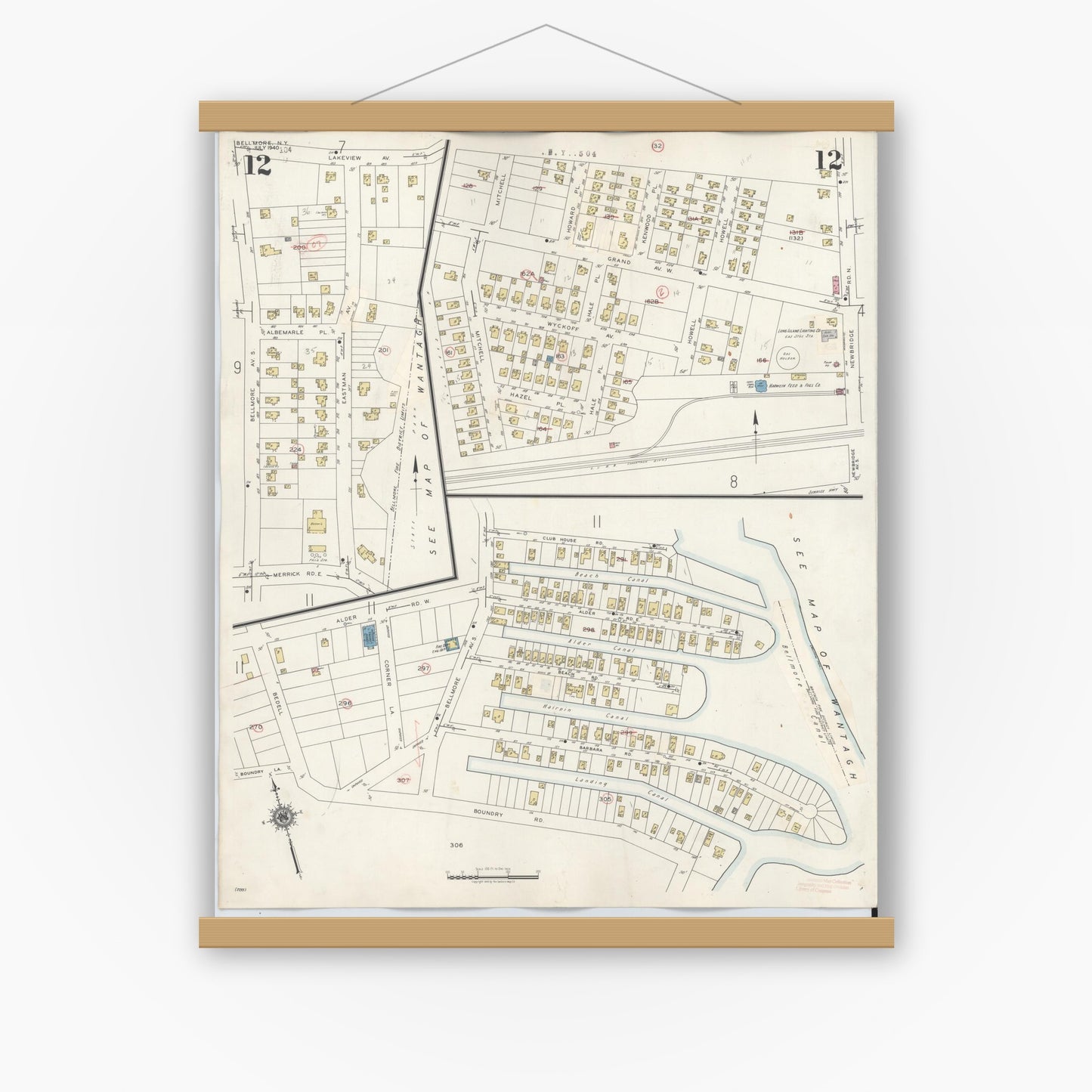 Old map wall art mockup — magnetic wood frame on white wall — Sanborn Fire Insurance Map from Bellmore, Nassau County, New York (1945), Sheet #0012