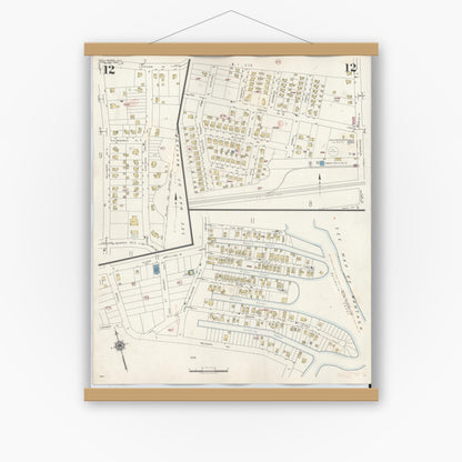 Old map wall art mockup — magnetic wood frame on white wall — Sanborn Fire Insurance Map from Bellmore, Nassau County, New York (1945), Sheet #0012