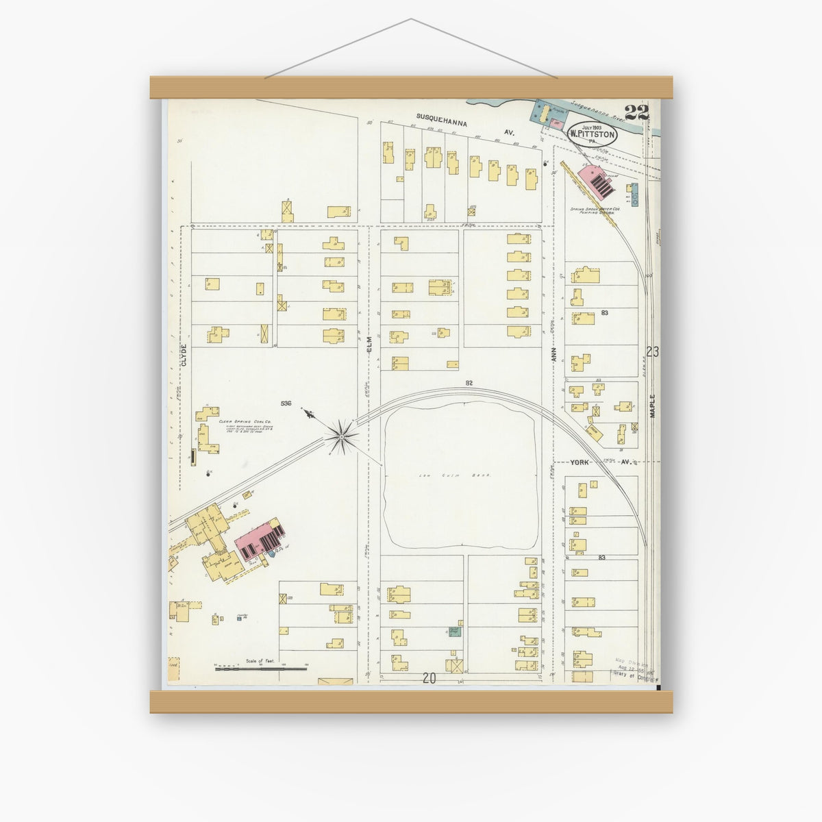 Old map wall art mockup — magnetic wood frame on white wall — Sanborn Fire Insurance Map from Pittston, Luzerne County, Pennsylvania (1903), Sheet #0022