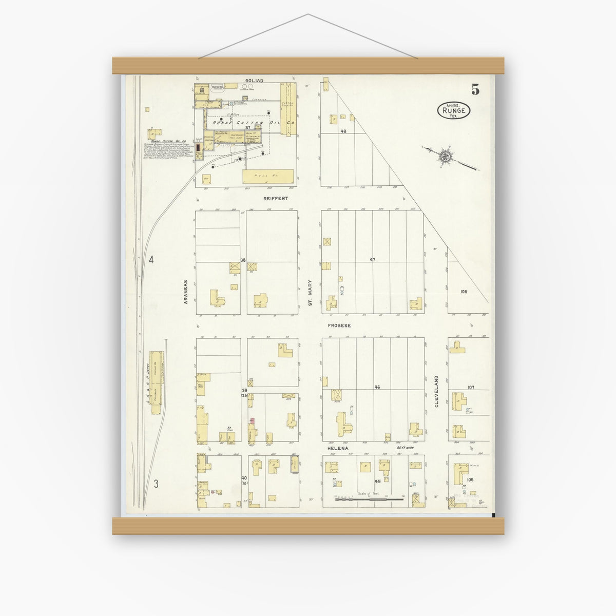 Old map wall art mockup — magnetic wood frame on white wall — Sanborn Fire Insurance Map from Runge, Karnes County, Texas (1912), Sheet #0005