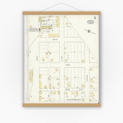 Old map wall art mockup — magnetic wood frame on white wall — Sanborn Fire Insurance Map from Runge, Karnes County, Texas (1912), Sheet #0005