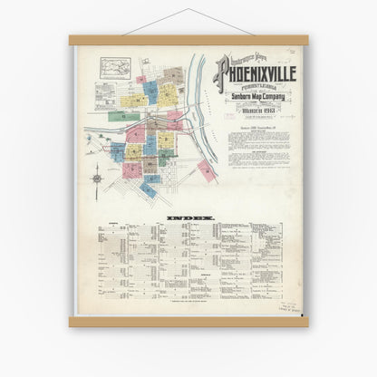 Old map wall art mockup — magnetic wood frame on white wall — Sanborn Fire Insurance Map from Phoenixville, Chester County, Pennsylvania (1913) - Complete Map Set