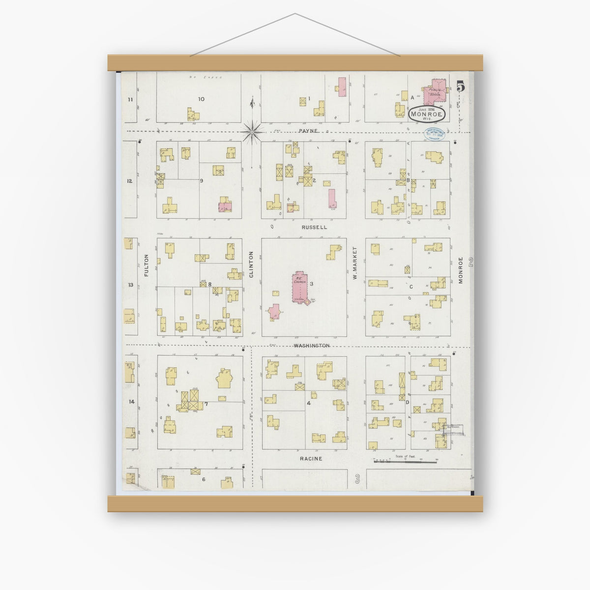 Old map wall art mockup — magnetic wood frame on white wall — Sanborn Fire Insurance Map from Monroe, Green County, Wisconsin (1894), Sheet #0005