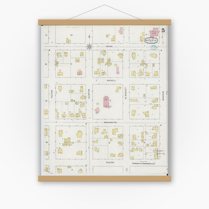 Old map wall art mockup — magnetic wood frame on white wall — Sanborn Fire Insurance Map from Monroe, Green County, Wisconsin (1894), Sheet #0005