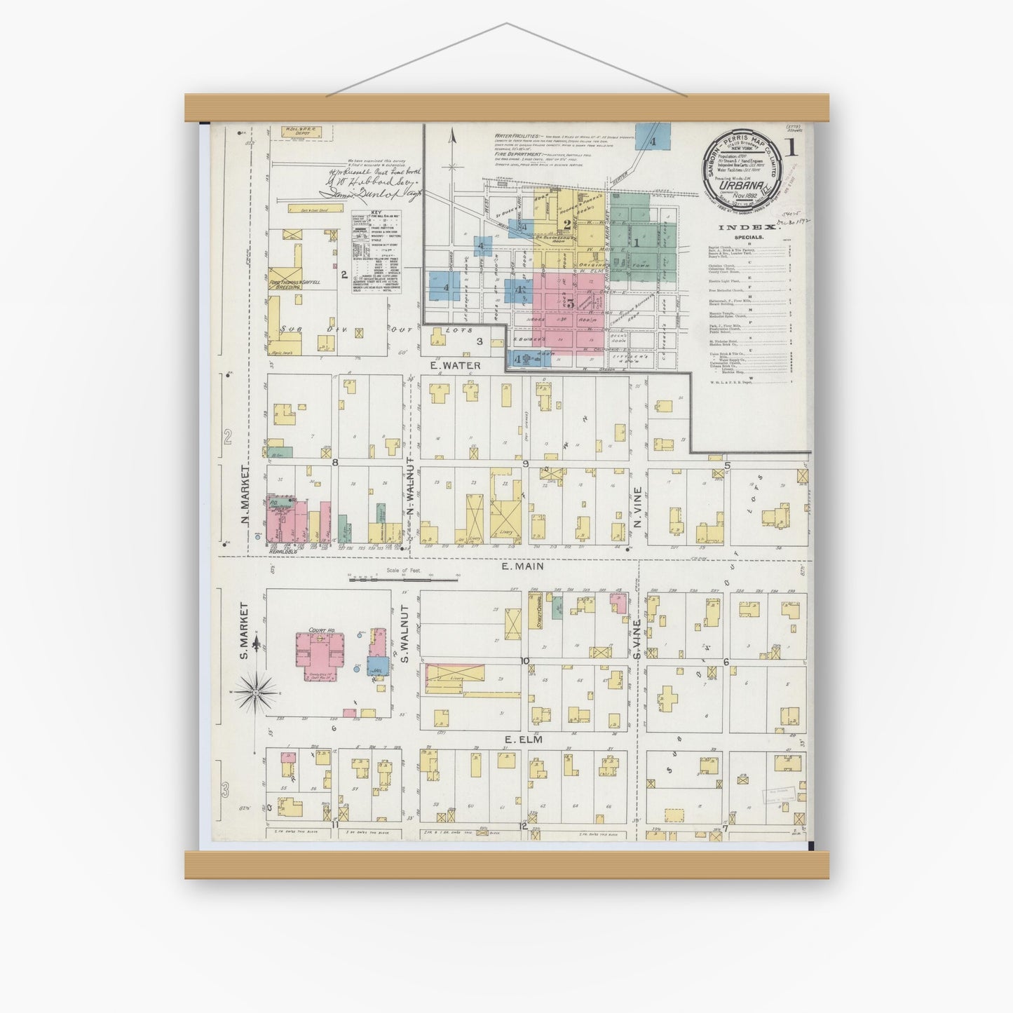 Old map wall art mockup — magnetic wood frame on white wall — Sanborn Fire Insurance Map from Urbana, Champaign County, Illinois (1892) - Complete Map Set