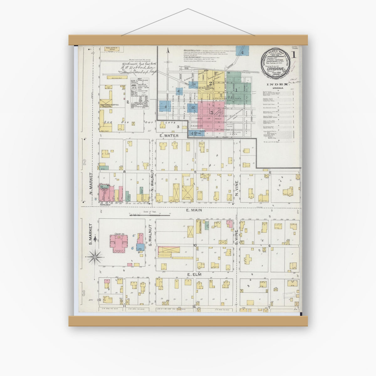 Old map wall art mockup — magnetic wood frame on white wall — Sanborn Fire Insurance Map from Urbana, Champaign County, Illinois (1892) - Complete Map Set