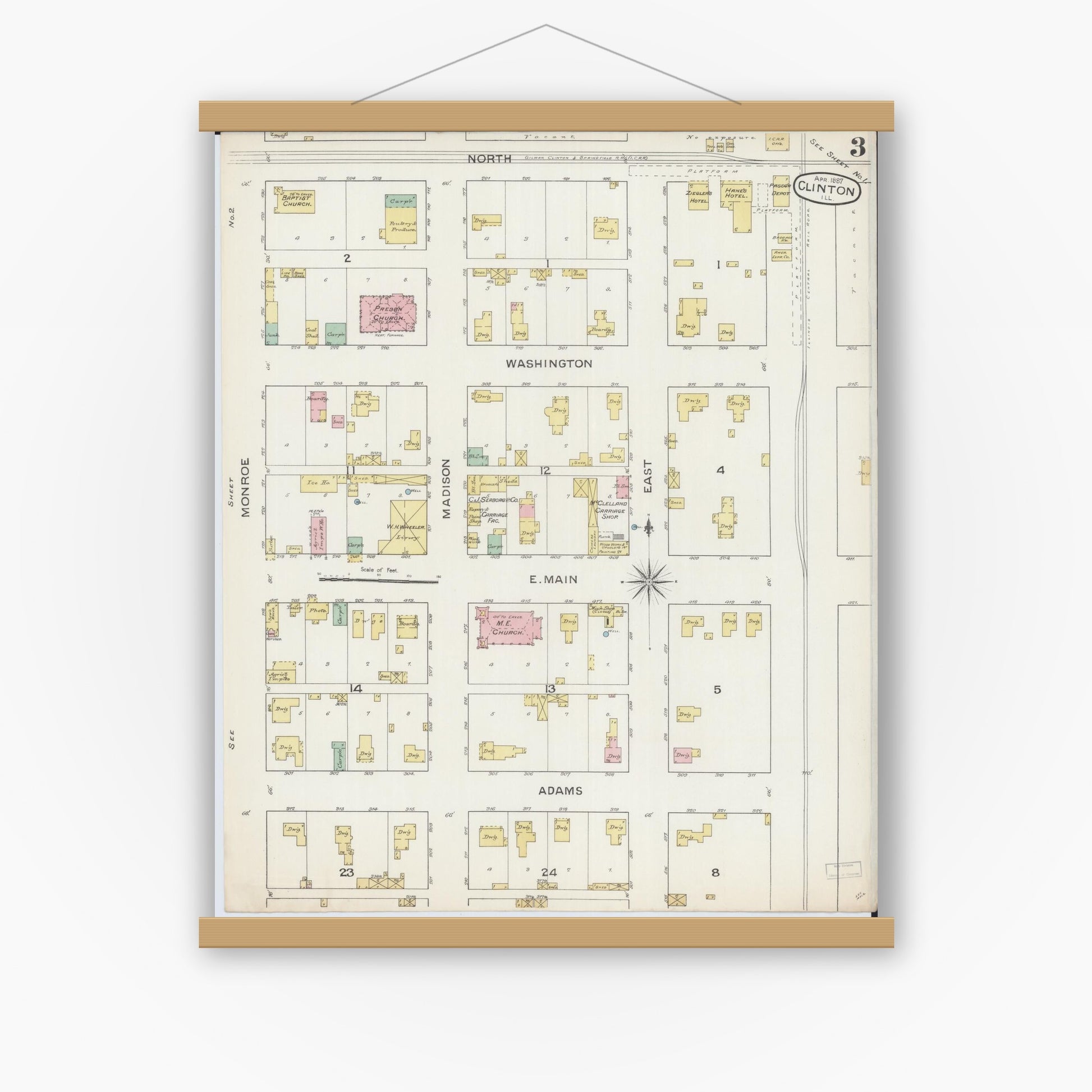 Old map wall art mockup — magnetic wood frame on white wall — Sanborn Fire Insurance Map from Clinton, De Witt County, Illinois (1887), Sheet #0003