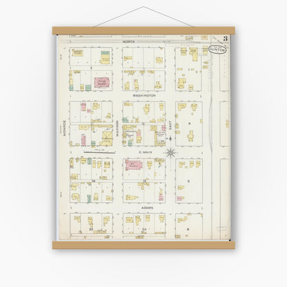 Old map wall art mockup — magnetic wood frame on white wall — Sanborn Fire Insurance Map from Clinton, De Witt County, Illinois (1887), Sheet #0003