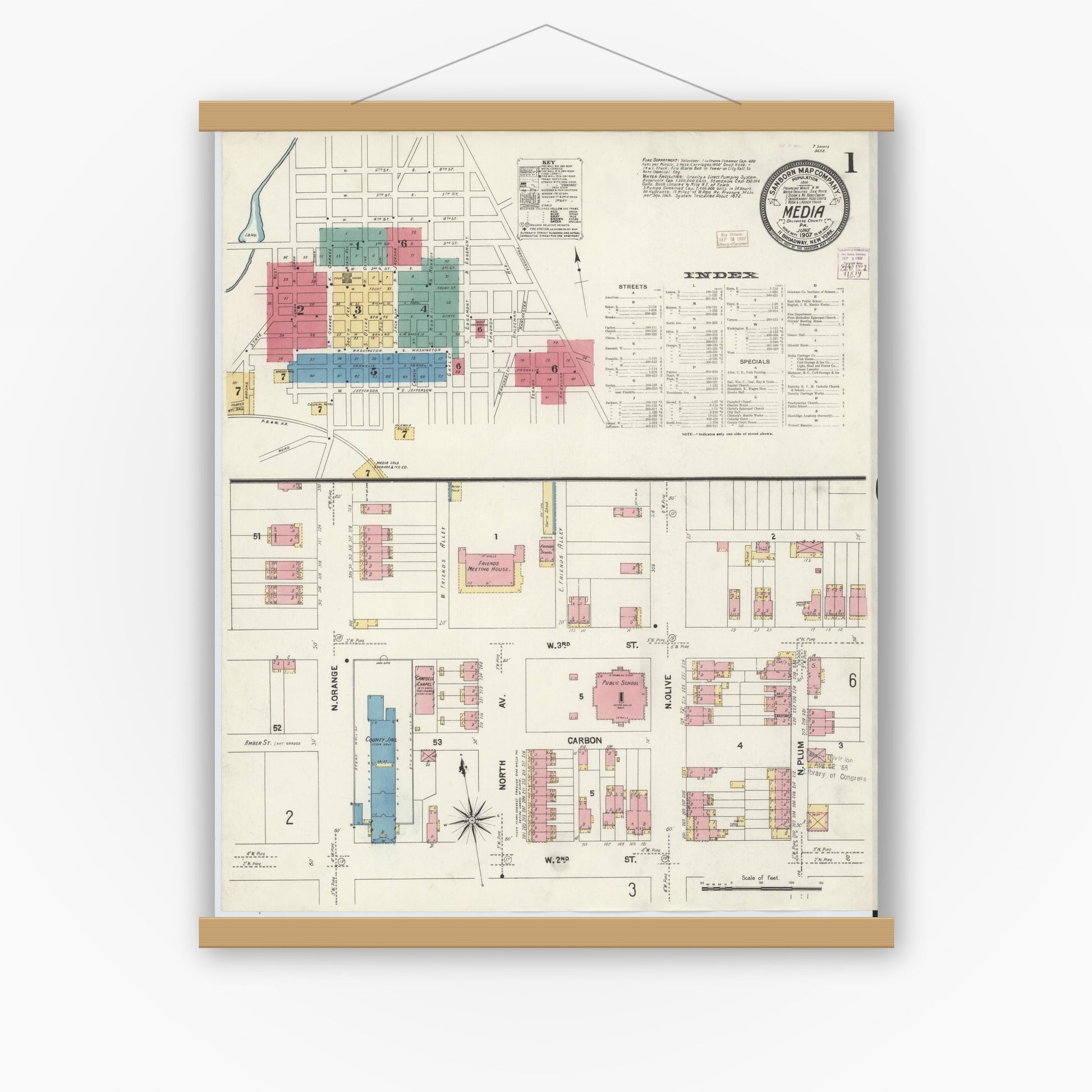 Old map wall art mockup — magnetic wood frame on white wall — Sanborn Fire Insurance Map from Media, Delaware County, Pennsylvania (1907) - Complete Map Set