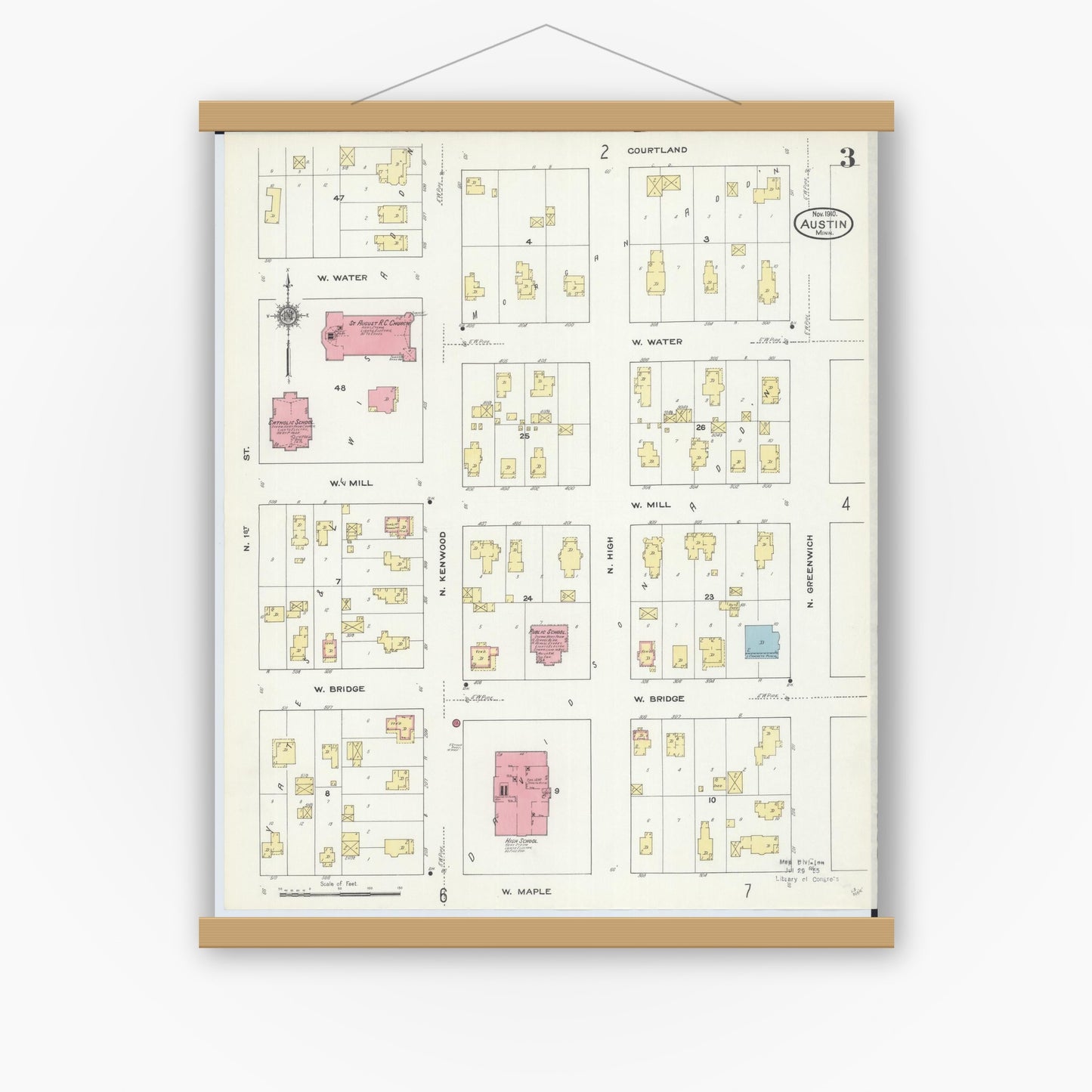 Old map wall art mockup — magnetic wood frame on white wall — Sanborn Fire Insurance Map from Austin, Mower County, Minnesota (1910), Sheet #0003