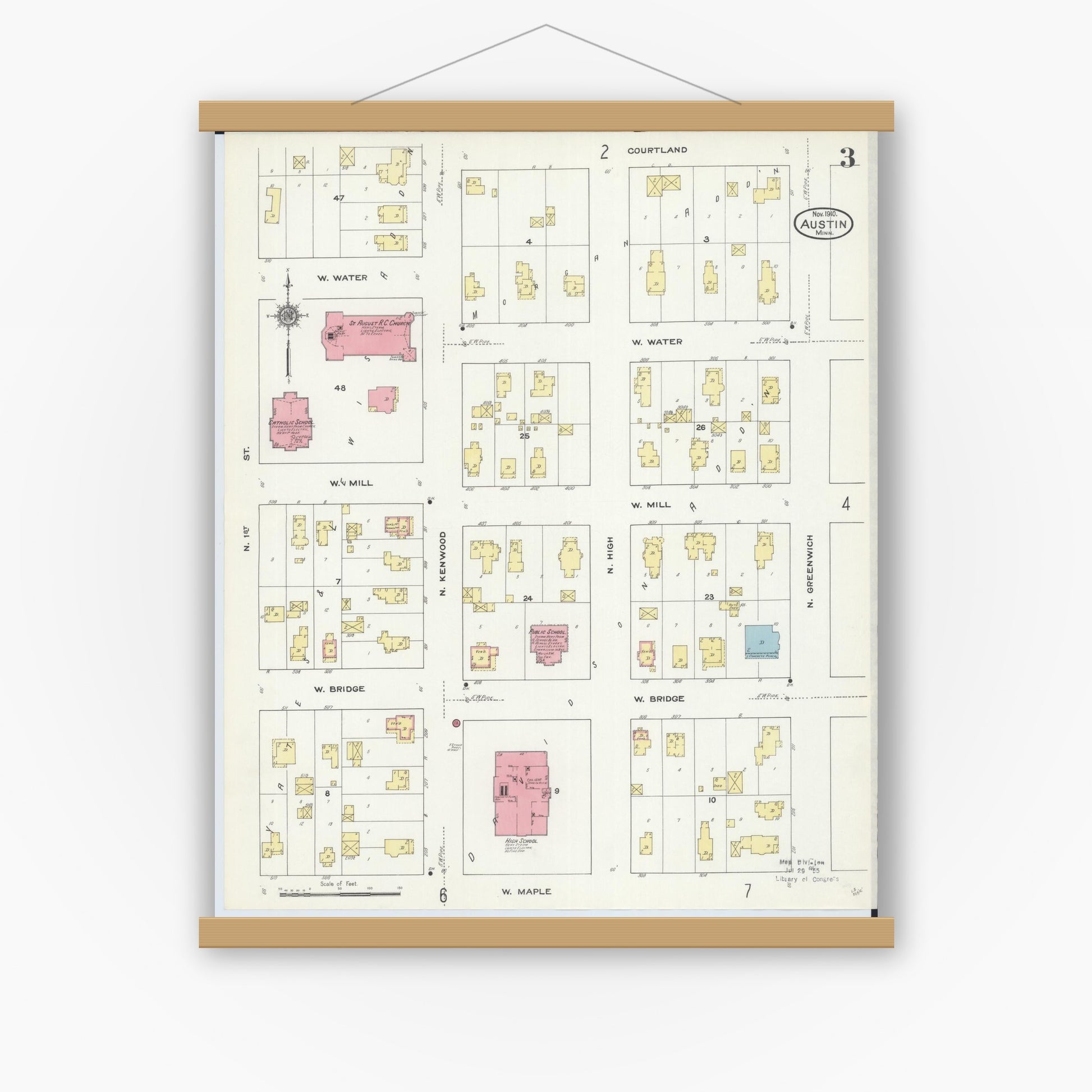 Old map wall art mockup — magnetic wood frame on white wall — Sanborn Fire Insurance Map from Austin, Mower County, Minnesota (1910), Sheet #0003