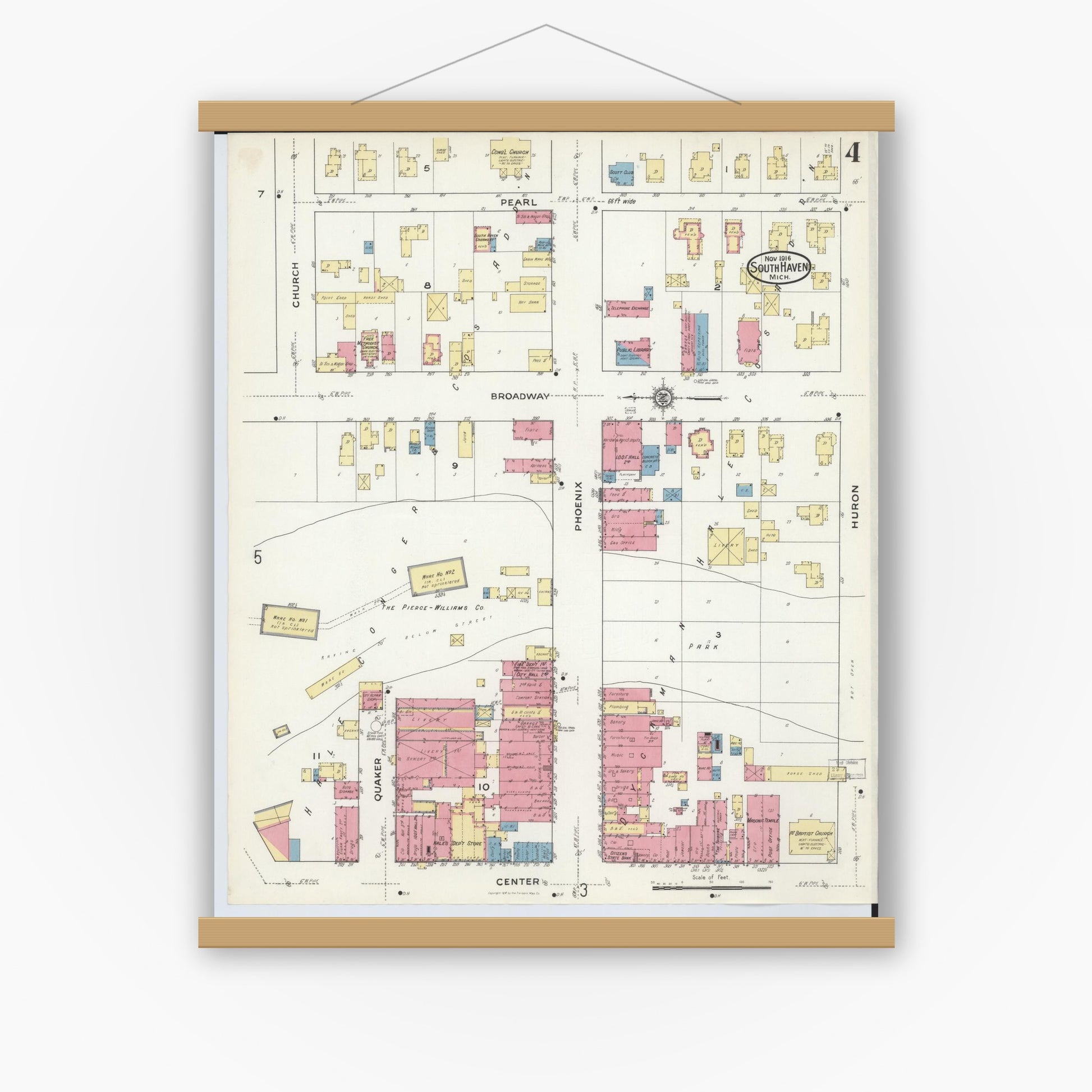 Old map wall art mockup — magnetic wood frame on white wall — Sanborn Fire Insurance Map from South Haven, Van Buren County, Michigan (1916), Sheet #0004