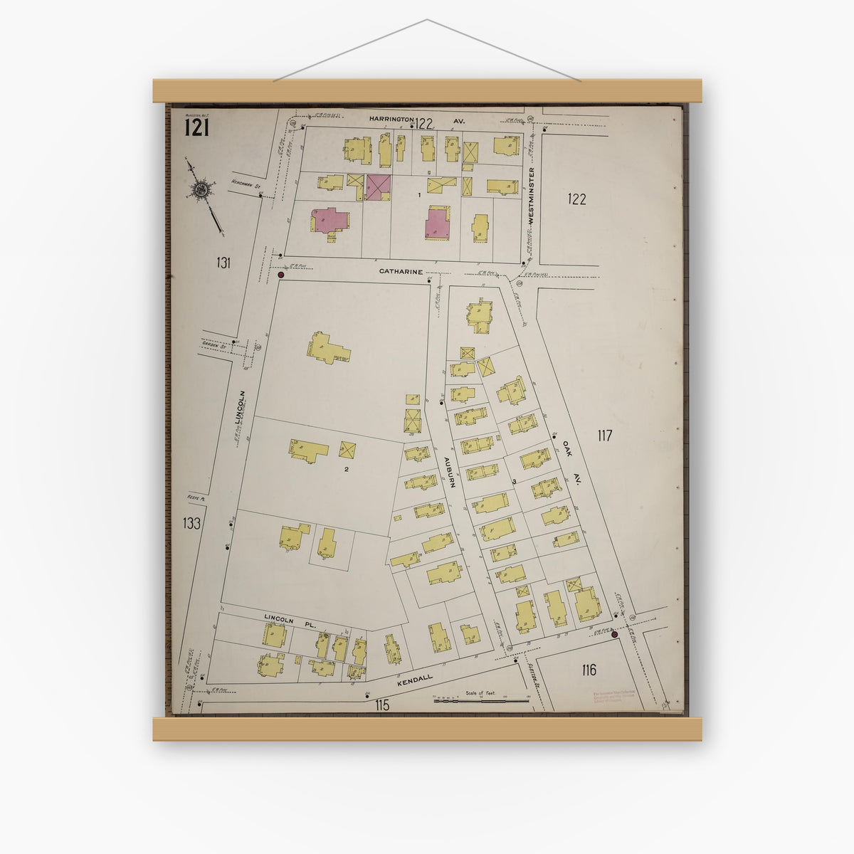 Old map wall art mockup — magnetic wood frame on white wall — Sanborn Fire Insurance Map from Worcester, Worcester County, Massachusetts (1910), Sheet #0121