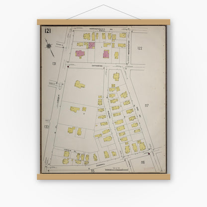 Old map wall art mockup — magnetic wood frame on white wall — Sanborn Fire Insurance Map from Worcester, Worcester County, Massachusetts (1910), Sheet #0121