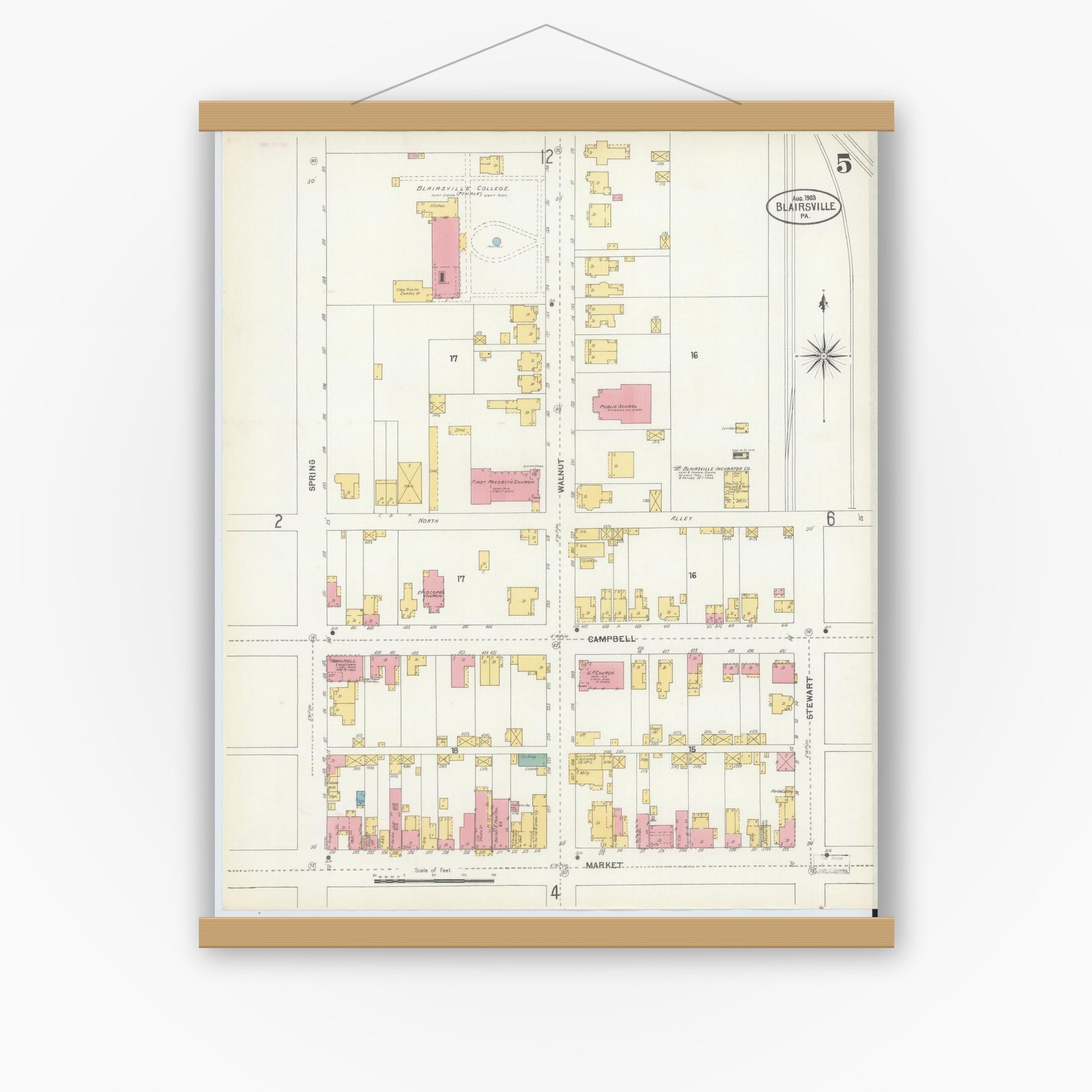Old map wall art mockup — magnetic wood frame on white wall — Sanborn Fire Insurance Map from Blairsville, Indiana County, Pennsylvania (1903), Sheet #0005
