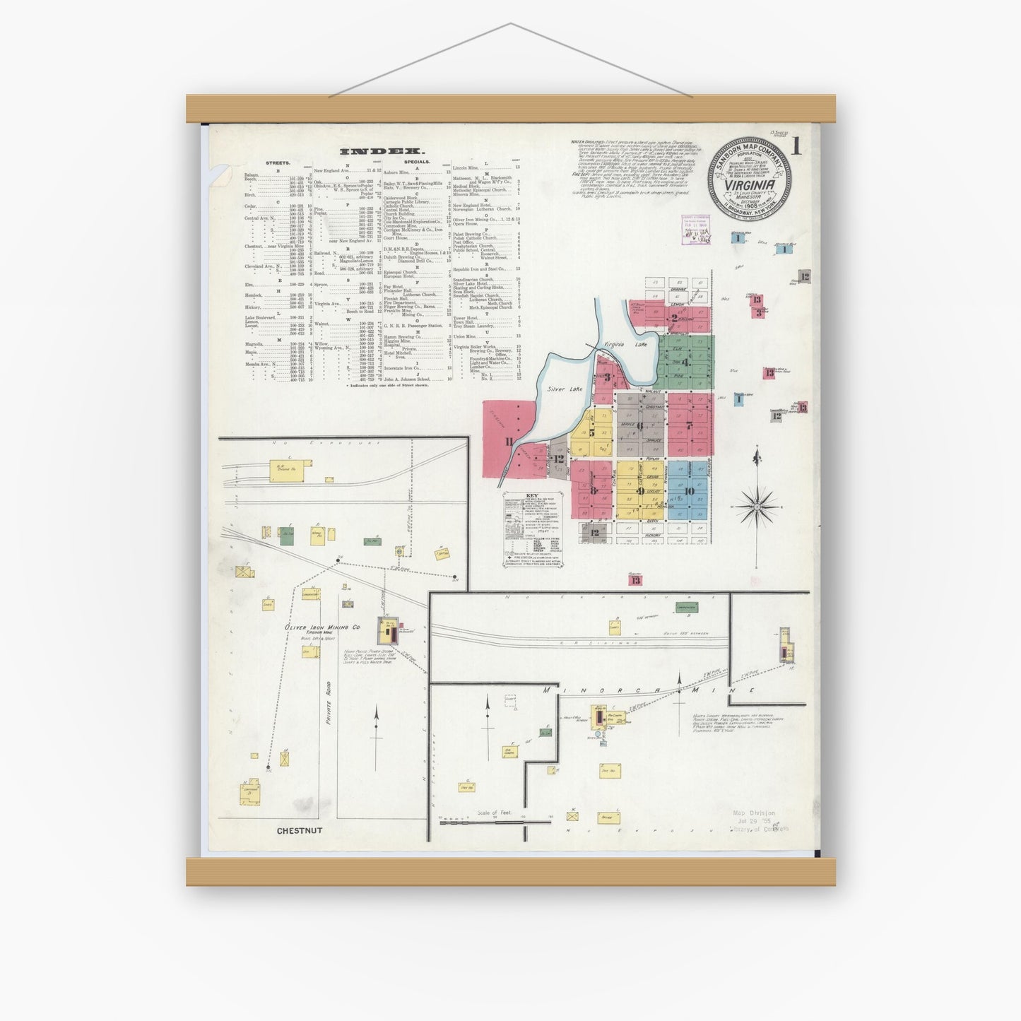 Old map wall art mockup — magnetic wood frame on white wall — Sanborn Fire Insurance Map from Virginia, Saint Louis County, Minnesota (1908) - Complete Map Set