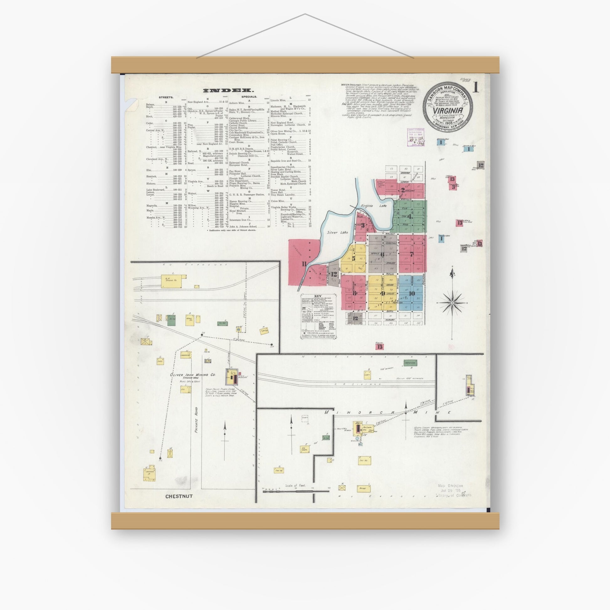 Old map wall art mockup — magnetic wood frame on white wall — Sanborn Fire Insurance Map from Virginia, Saint Louis County, Minnesota (1908) - Complete Map Set