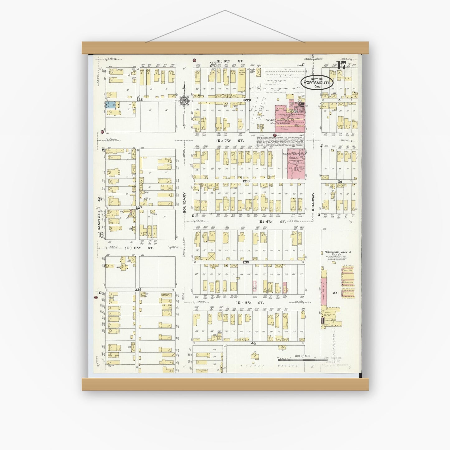 Old map wall art mockup — magnetic wood frame on white wall — Sanborn Fire Insurance Map from Portsmouth, Scioto County, Ohio (1911), Sheet #0017