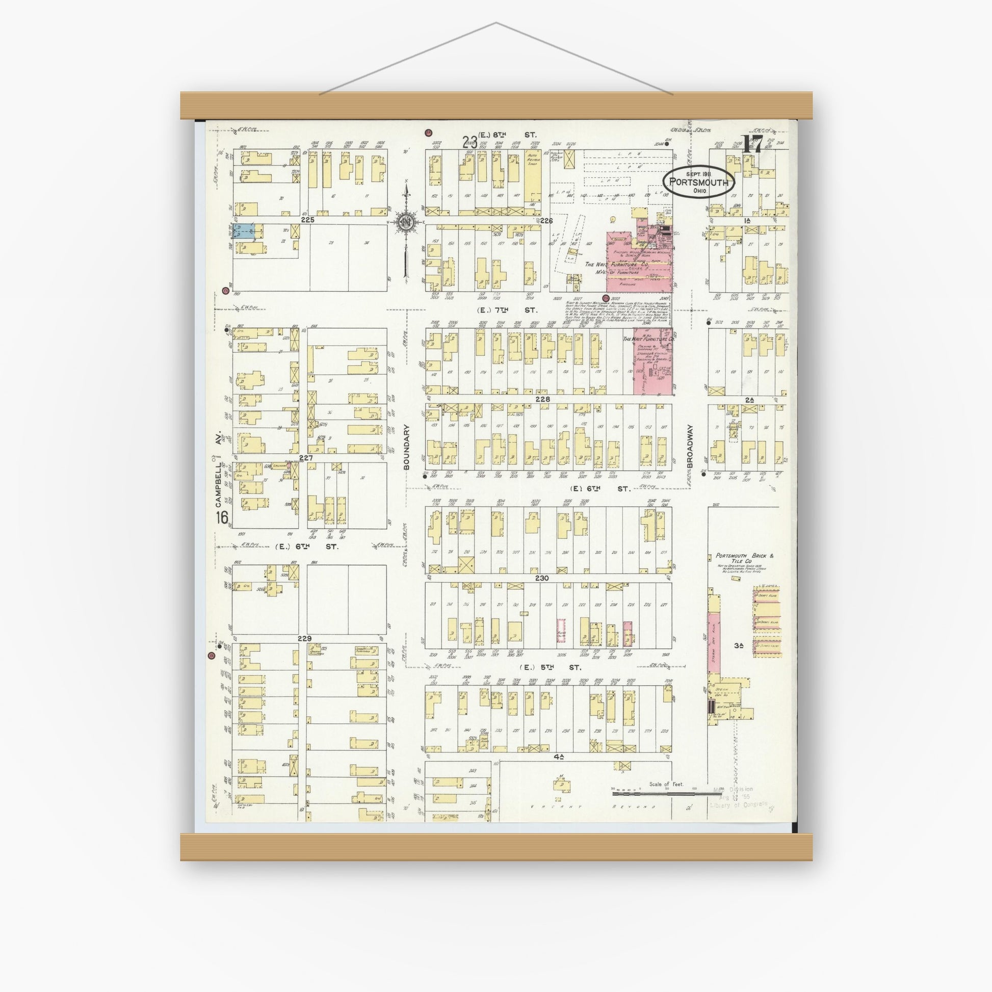 Old map wall art mockup — magnetic wood frame on white wall — Sanborn Fire Insurance Map from Portsmouth, Scioto County, Ohio (1911), Sheet #0017