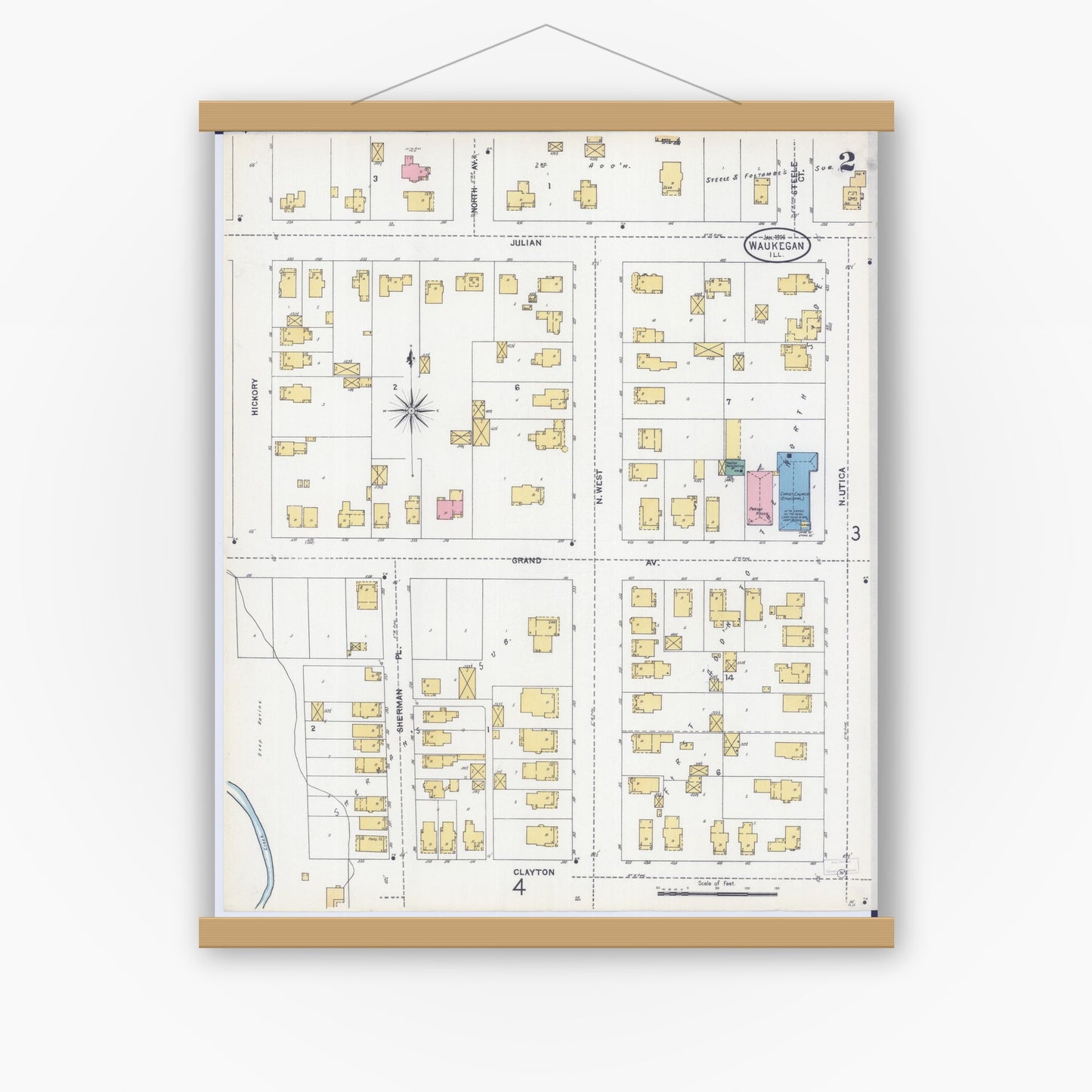 Old map wall art mockup — magnetic wood frame on white wall — Sanborn Fire Insurance Map from Waukegan, Lake County, Illinois (1906), Sheet #0002
