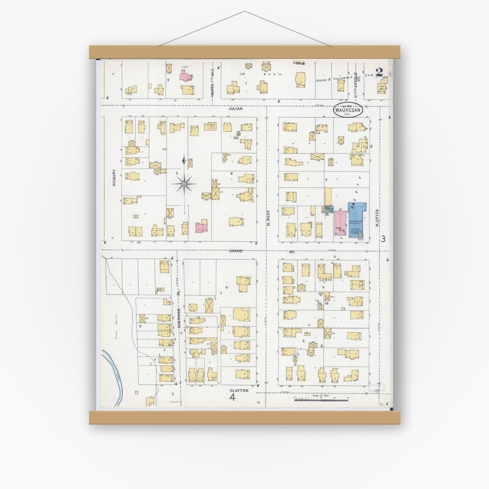 Old map wall art mockup — magnetic wood frame on white wall — Sanborn Fire Insurance Map from Waukegan, Lake County, Illinois (1906), Sheet #0002