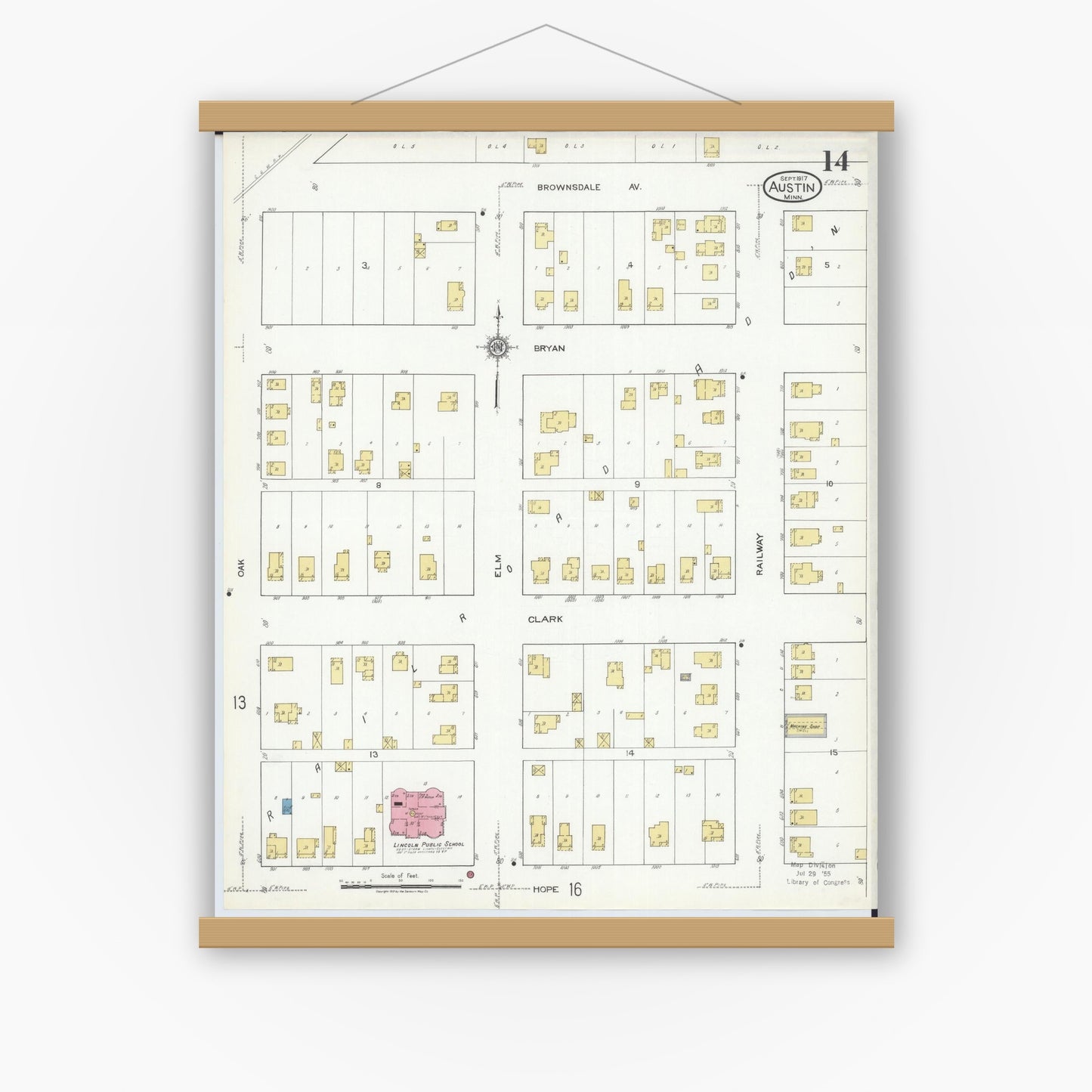 Old map wall art mockup — magnetic wood frame on white wall — Sanborn Fire Insurance Map from Austin, Mower County, Minnesota (1917), Sheet #0014