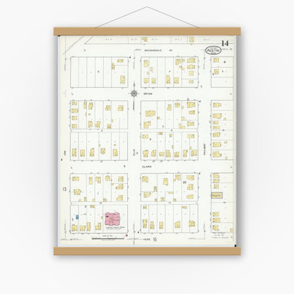 Old map wall art mockup — magnetic wood frame on white wall — Sanborn Fire Insurance Map from Austin, Mower County, Minnesota (1917), Sheet #0014