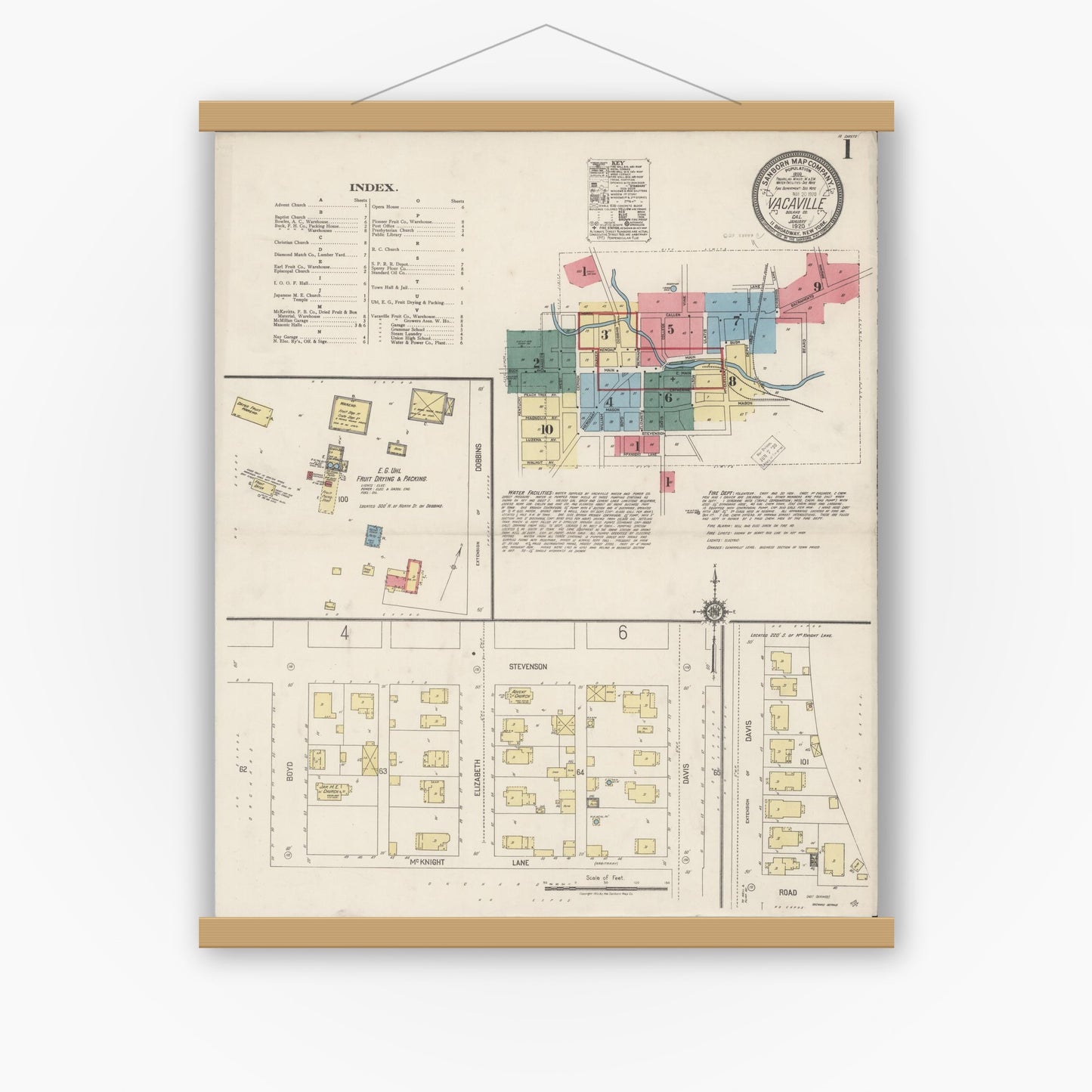 Old map wall art mockup — magnetic wood frame on white wall — Sanborn Fire Insurance Map from Vacaville, Solano County, California (1920) - Complete Map Set