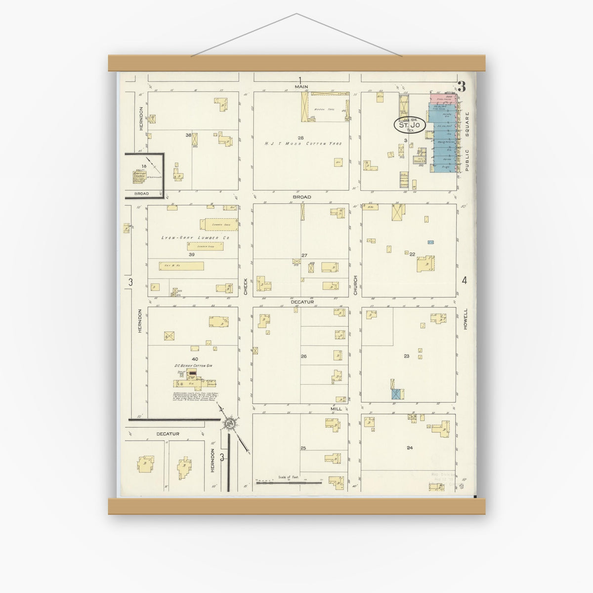 Old map wall art mockup — magnetic wood frame on white wall — Sanborn Fire Insurance Map from Saint Jo, Montague County, Texas (1914), Sheet #0003