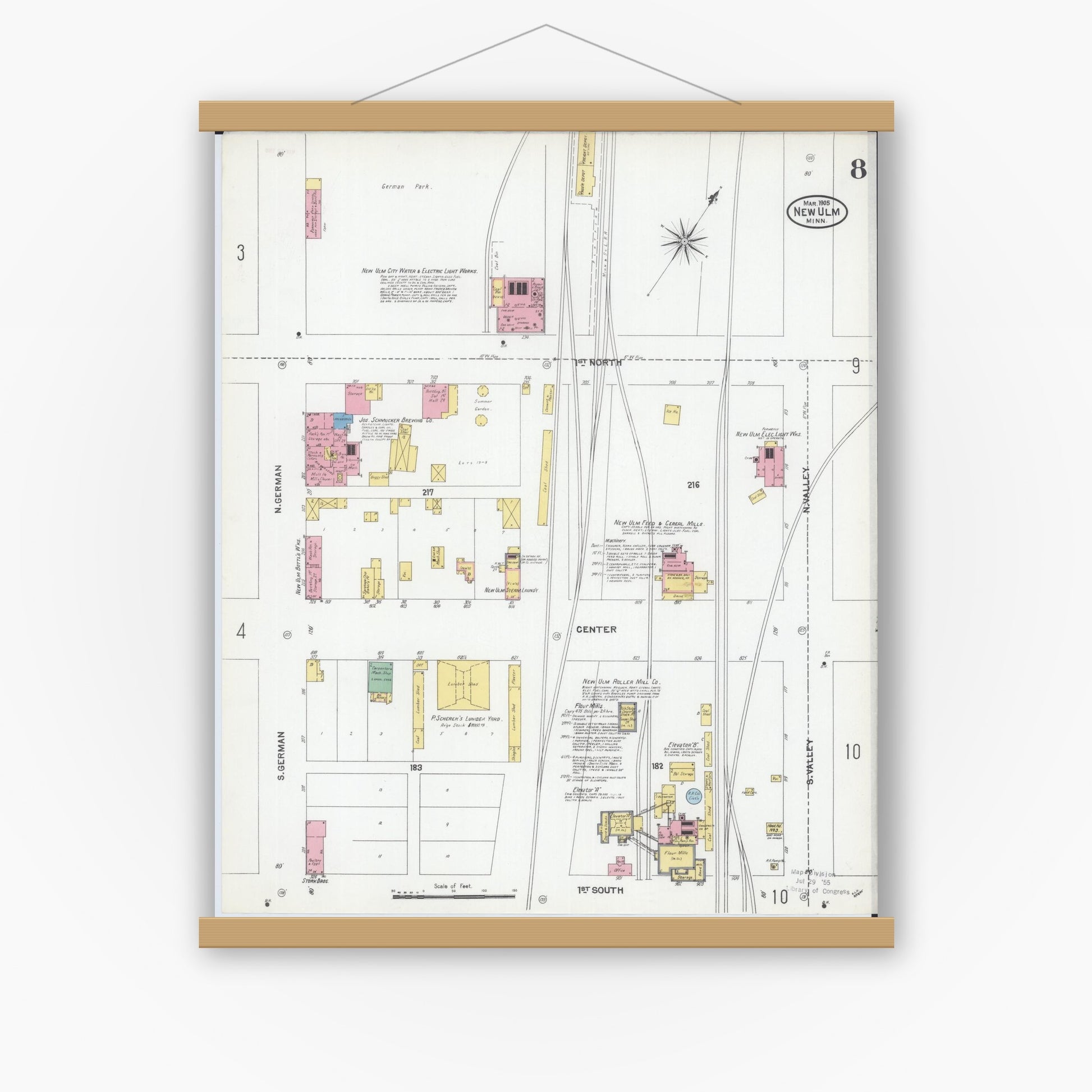 Old map wall art mockup — magnetic wood frame on white wall — Sanborn Fire Insurance Map from New Ulm, Brown County, Minnesota (1905), Sheet #0008