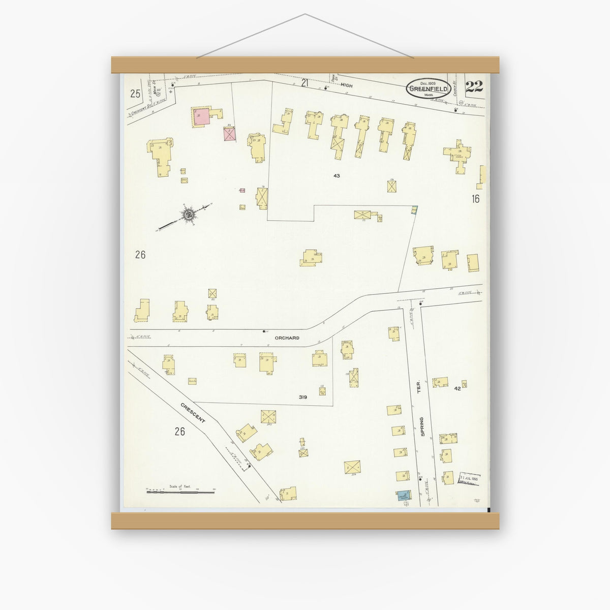 Old map wall art mockup — magnetic wood frame on white wall — Sanborn Fire Insurance Map from Greenfield, Franklin County, Massachusetts (1909), Sheet #0022