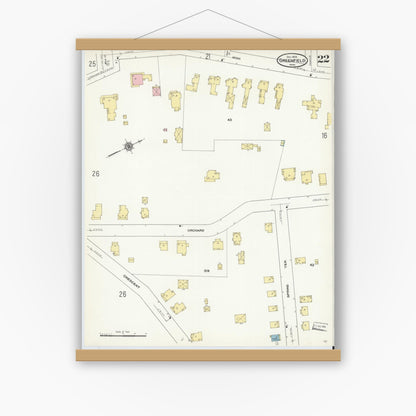 Old map wall art mockup — magnetic wood frame on white wall — Sanborn Fire Insurance Map from Greenfield, Franklin County, Massachusetts (1909), Sheet #0022