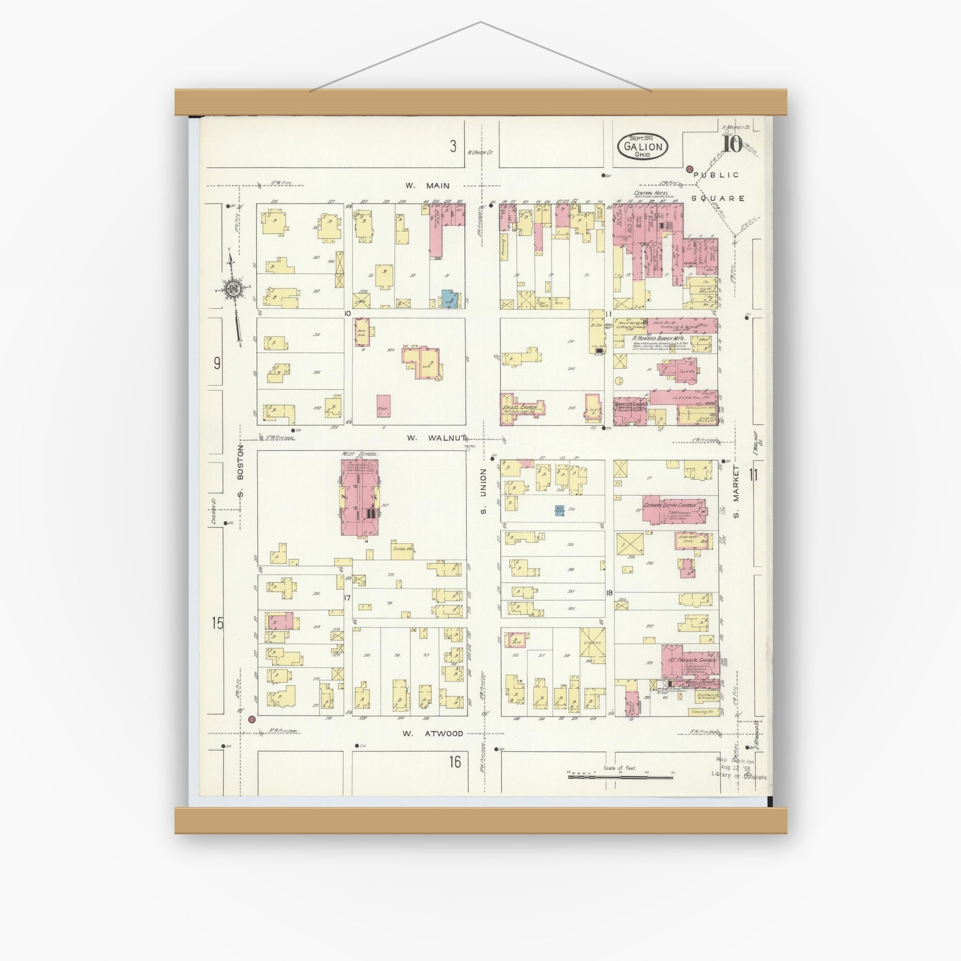 Old map wall art mockup — magnetic wood frame on white wall — Sanborn Fire Insurance Map from Galion, Crawford County, Ohio (1913), Sheet #0010