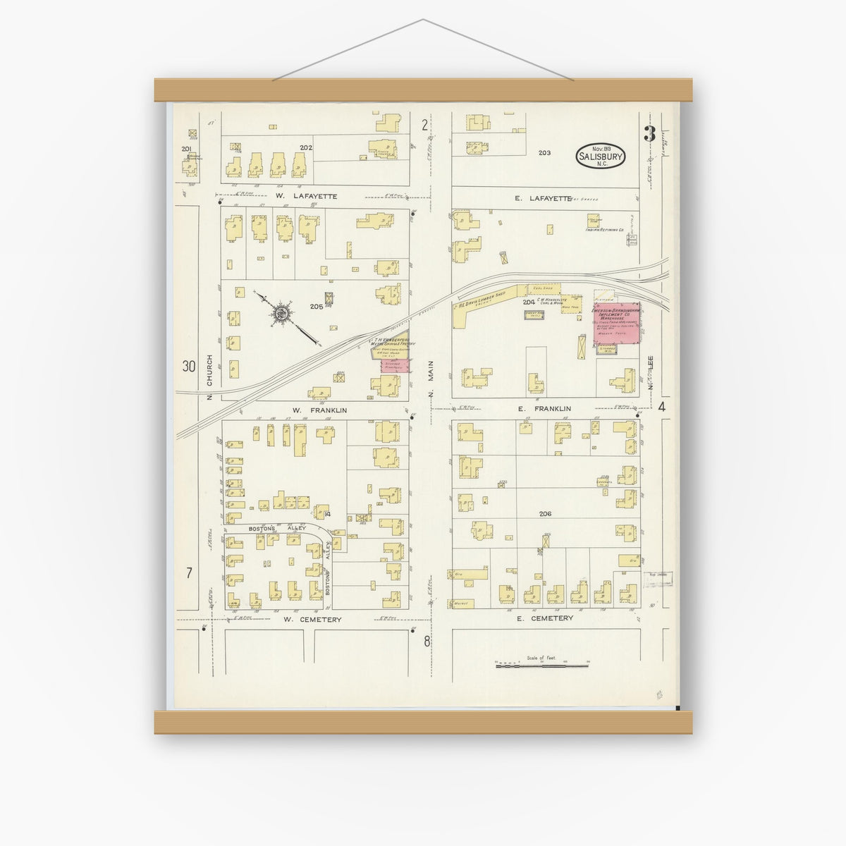 Old map wall art mockup — magnetic wood frame on white wall — Sanborn Fire Insurance Map from Salisbury, Rowan County, North Carolina (1913), Sheet #0003