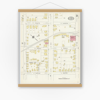 Old map wall art mockup — magnetic wood frame on white wall — Sanborn Fire Insurance Map from Salisbury, Rowan County, North Carolina (1913), Sheet #0003