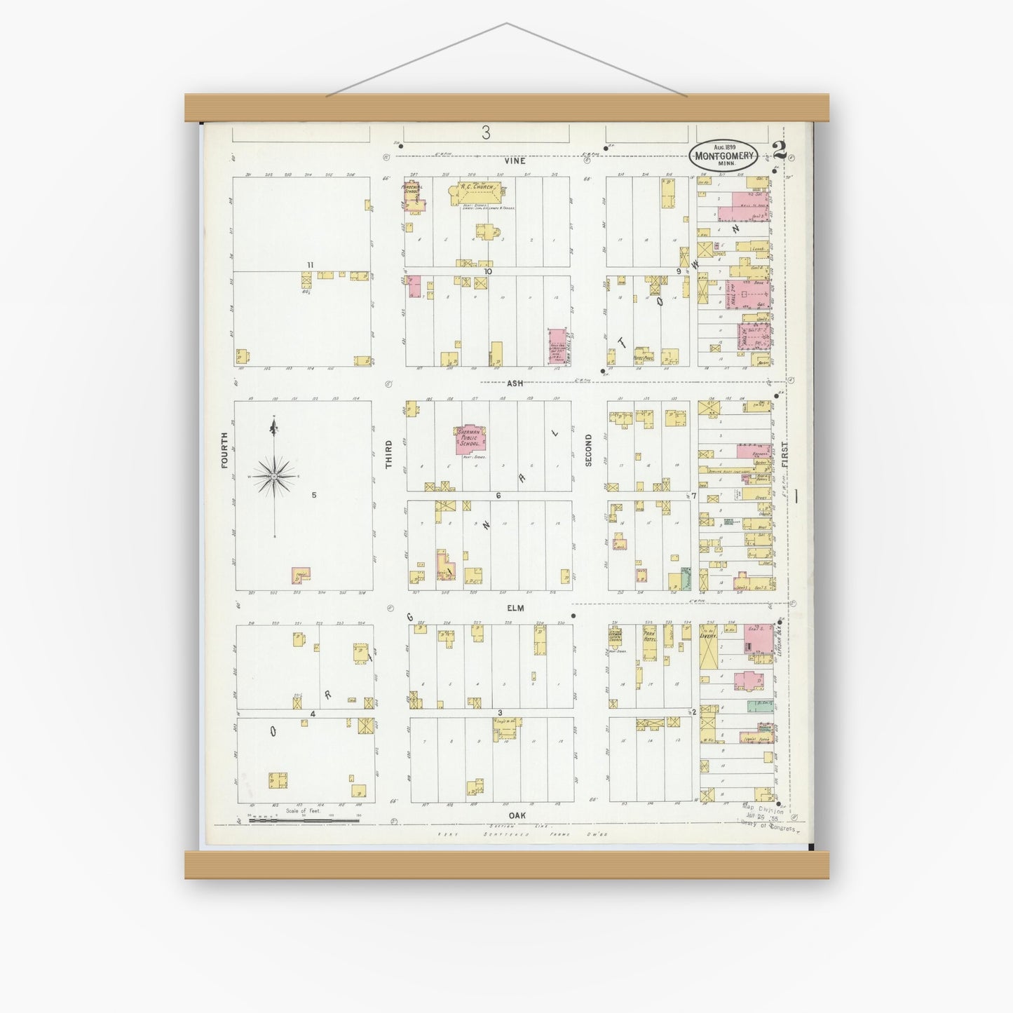 Old map wall art mockup — magnetic wood frame on white wall — Sanborn Fire Insurance Map from Montgomery, Le Sueur  County, Minnesota (1899), Sheet #0002