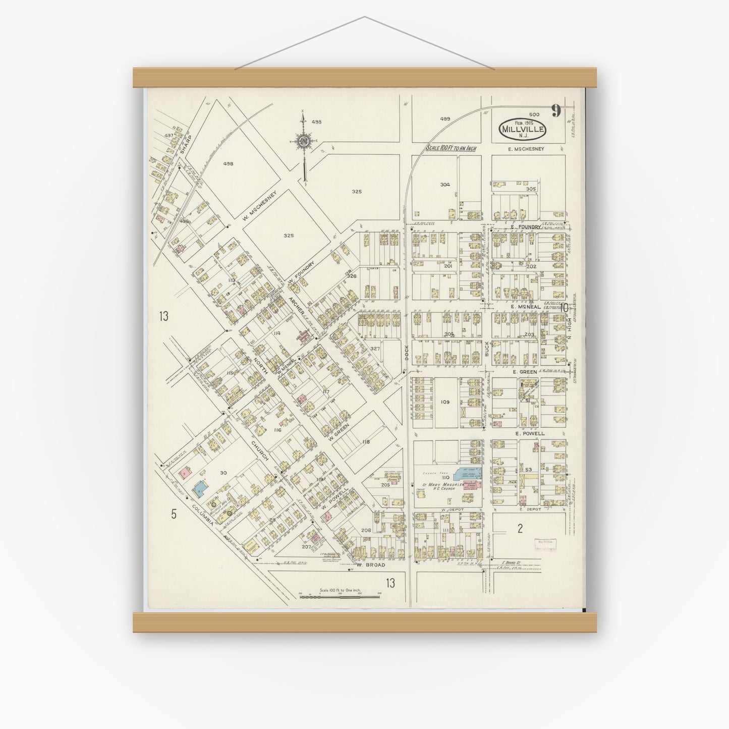 Old map wall art mockup — magnetic wood frame on white wall — Sanborn Fire Insurance Map from Millville, Cumberland County, New Jersey (1915), Sheet #0009