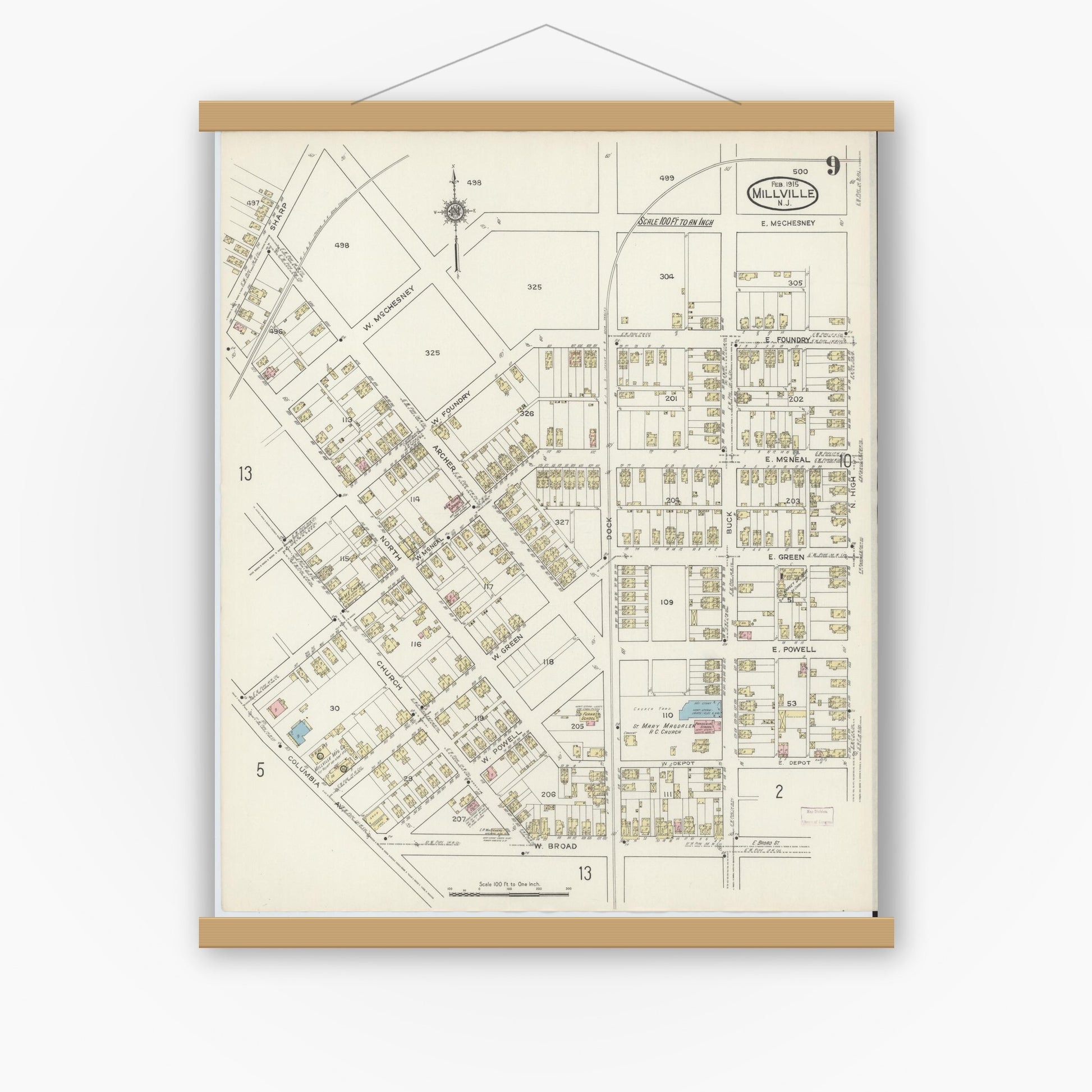 Old map wall art mockup — magnetic wood frame on white wall — Sanborn Fire Insurance Map from Millville, Cumberland County, New Jersey (1915), Sheet #0009