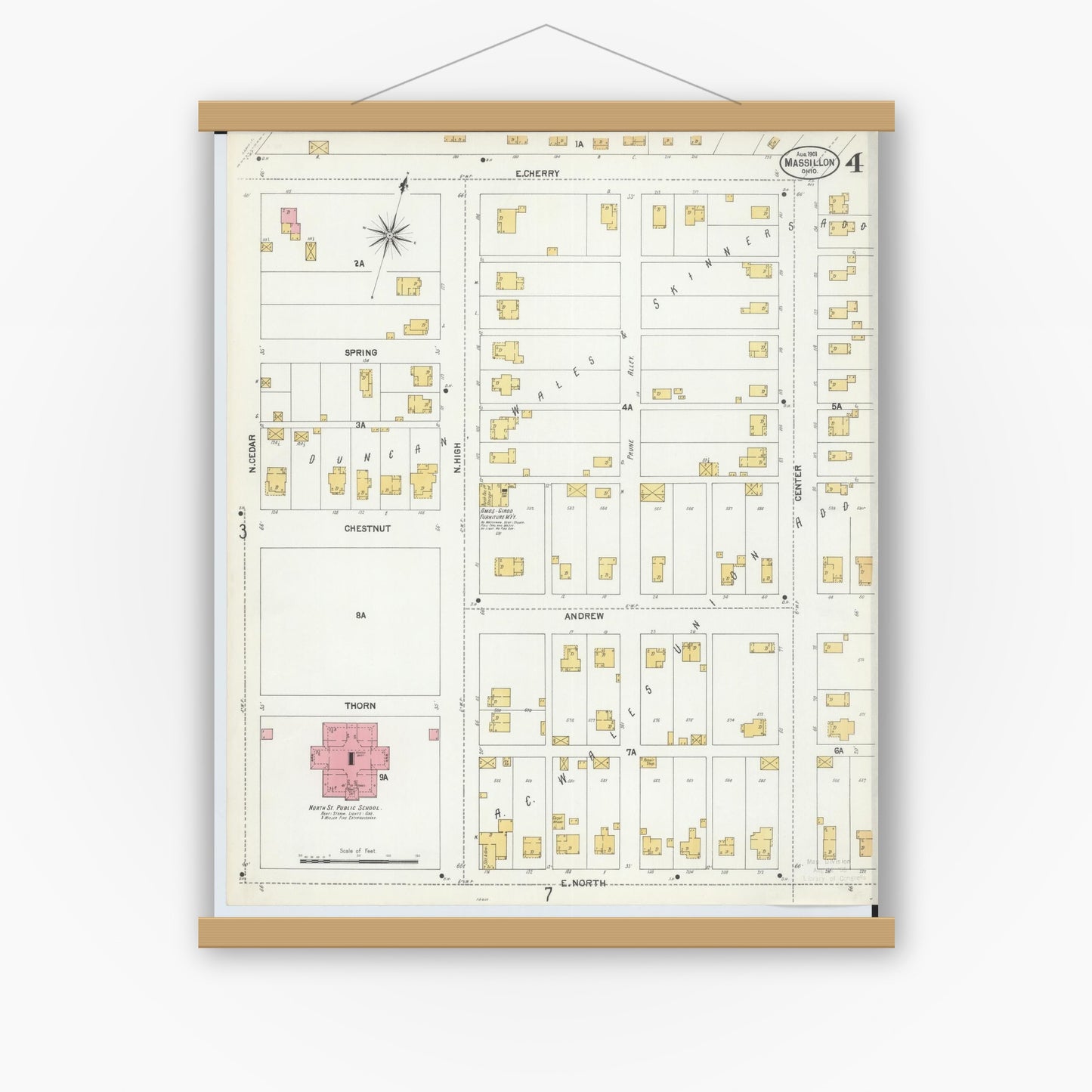 Old map wall art mockup — magnetic wood frame on white wall — Sanborn Fire Insurance Map from Massillon, Stark County, Ohio (1901), Sheet #0004