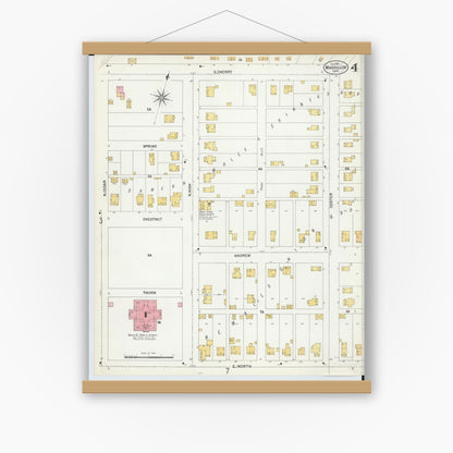 Old map wall art mockup — magnetic wood frame on white wall — Sanborn Fire Insurance Map from Massillon, Stark County, Ohio (1901), Sheet #0004